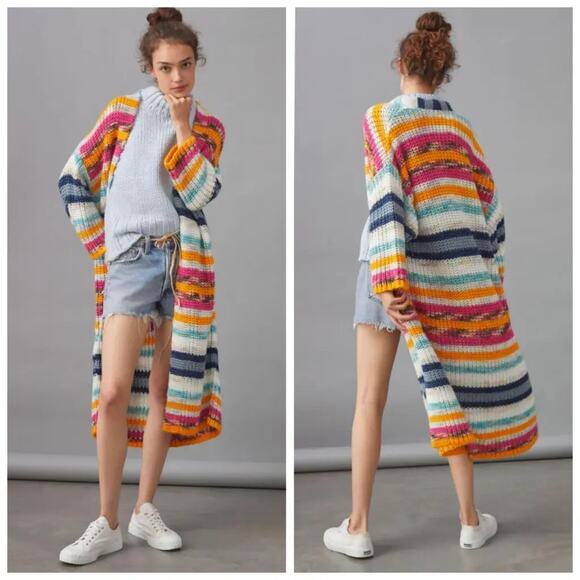 Anthropologie Multi Color Stripe Chunky Duster Sweater - Picture 1 of 5